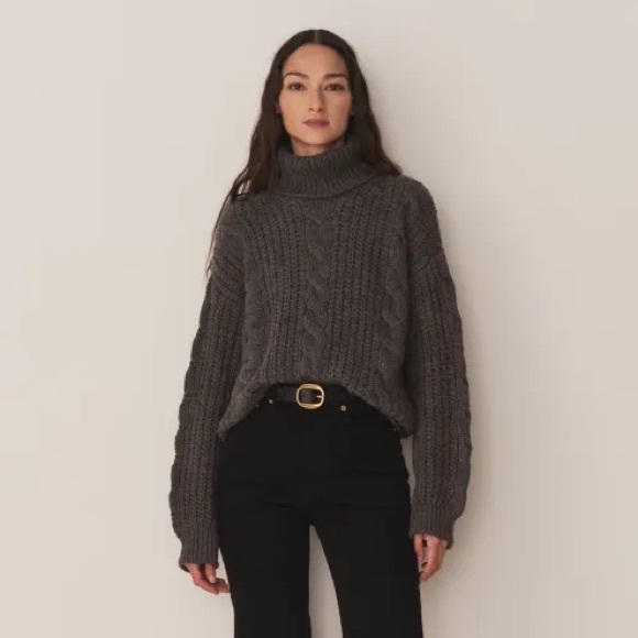 Doen Leighton Merino Wool Cable Knit Turtle Mock Neck Sweater Dark Grey - Picture 6 of 10